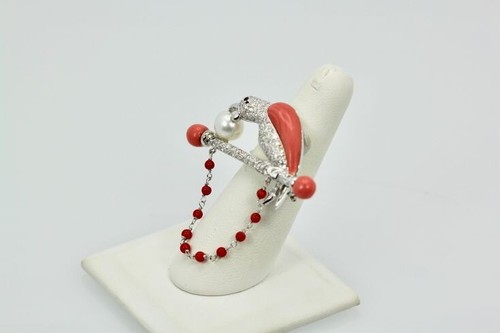 Syn Coral & Freshwater Pearl Parrot Brooch 925 Fine Silver Handcrafted Jewelry - Picture 3 of 9