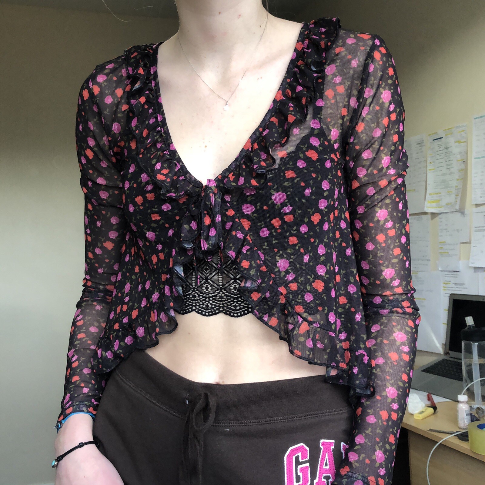 MESH FLORAL TIE FRONT CARDIGAN 