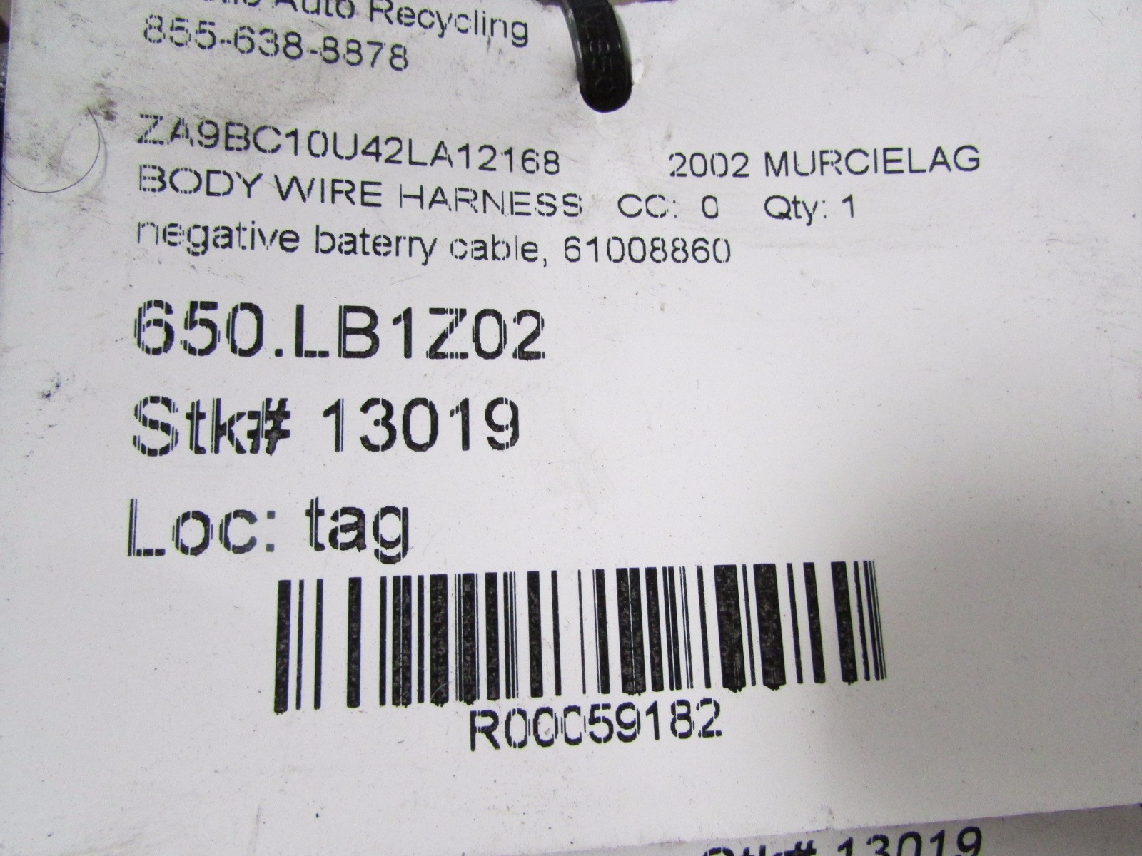 Lamborghini Murcielago, Negative Battery Cable, Wire Harness, Used, P/N 61008860