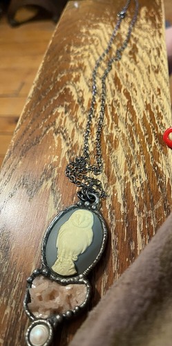 Beautiful One Of A Kind Owl Cameo Necklace,druzy,Pearl,Sterling Free Shipping - Picture 5 of 8