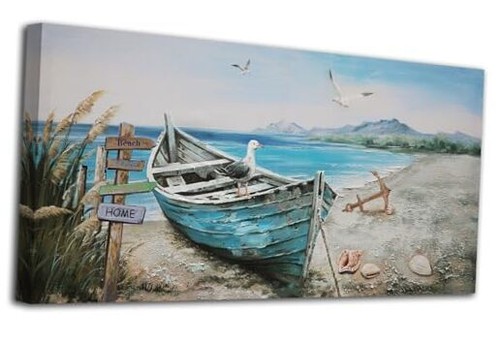 Large Coastal Beach Canvas Wall Art Blue Ocean 40L" x 20W" blue coastal boat