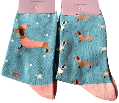 Wurst Hunde Socken Damen 2 Paar Dackel Hund Entenei blau rosa Bambus 3 - 7