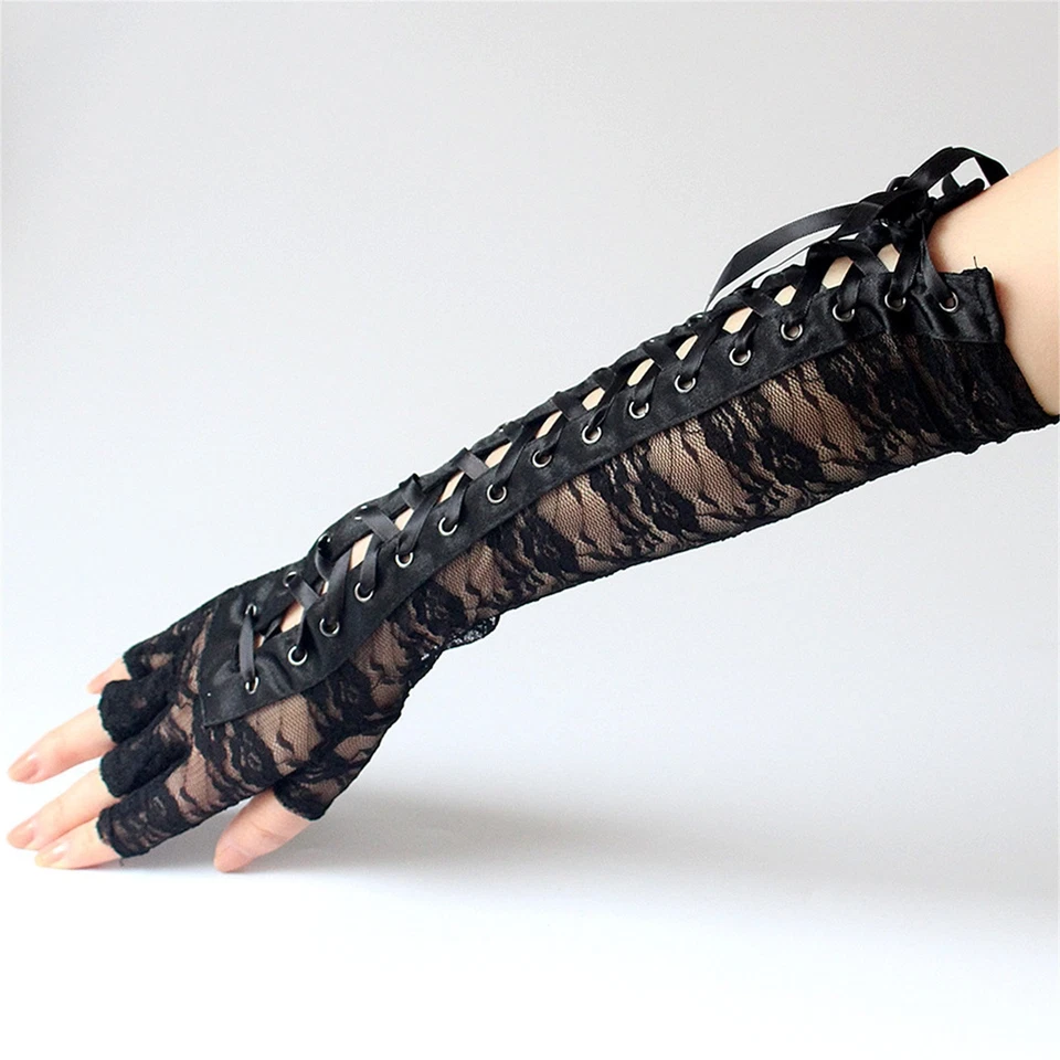 2Pairs Women's Sexy Short&Long Elbow Fingerless Gloves Gothic Lace Up Arm Warmer - Image 4 of 4