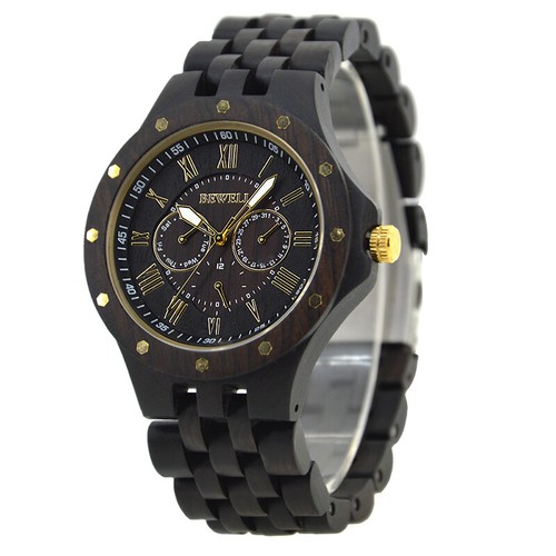 Bewell Natural Multi Owl Dial Ebony Woodwatch Adjustable Black Wood Face Watch - Picture 2 of 10