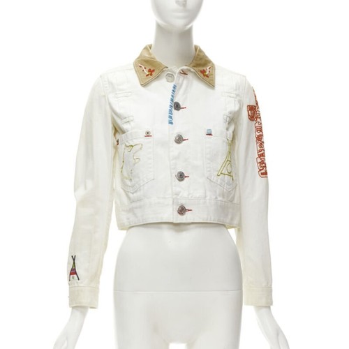 DSQUARED2 Vintage white tent embroidery leather collar denim jacket IT38 XS