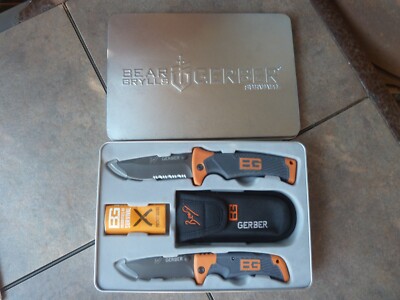 Lot 2 Discontinued New BEAR GRYLLS GERBER Survival Folding Knife & Sheath In Box