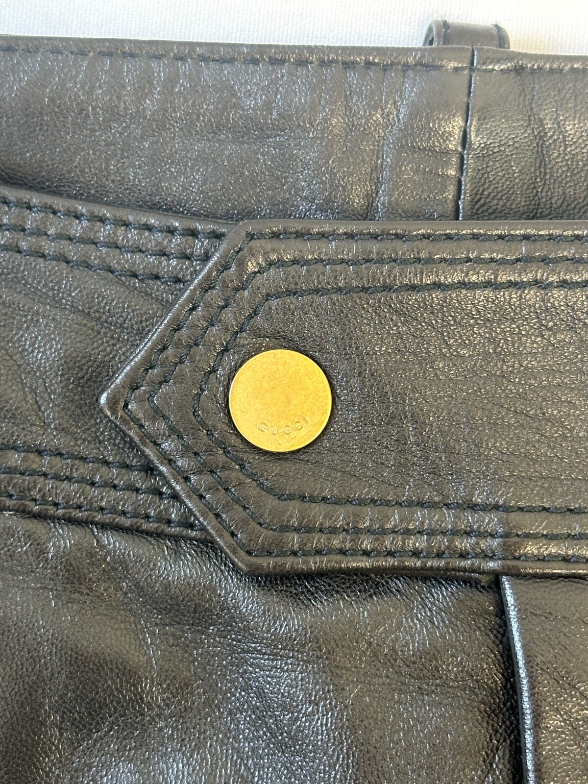 VINTAGE GUCCI Leather Flat Front Straight Leg Pants 42 Black Gold Button Pockets image 8