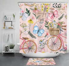 Bicycle Plant Blue Butterfly Pink Floral Shower Curtain Set for Bathroom Decor