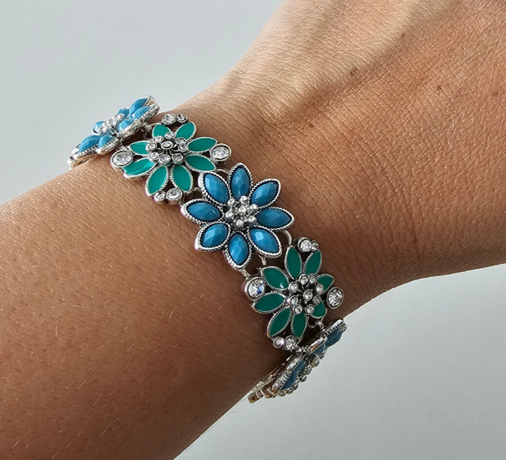 ヴィンテージ　NAPIER 　ストーンブレスレット Napier Signed Blue Turquoise Flower Rhinestone Silver