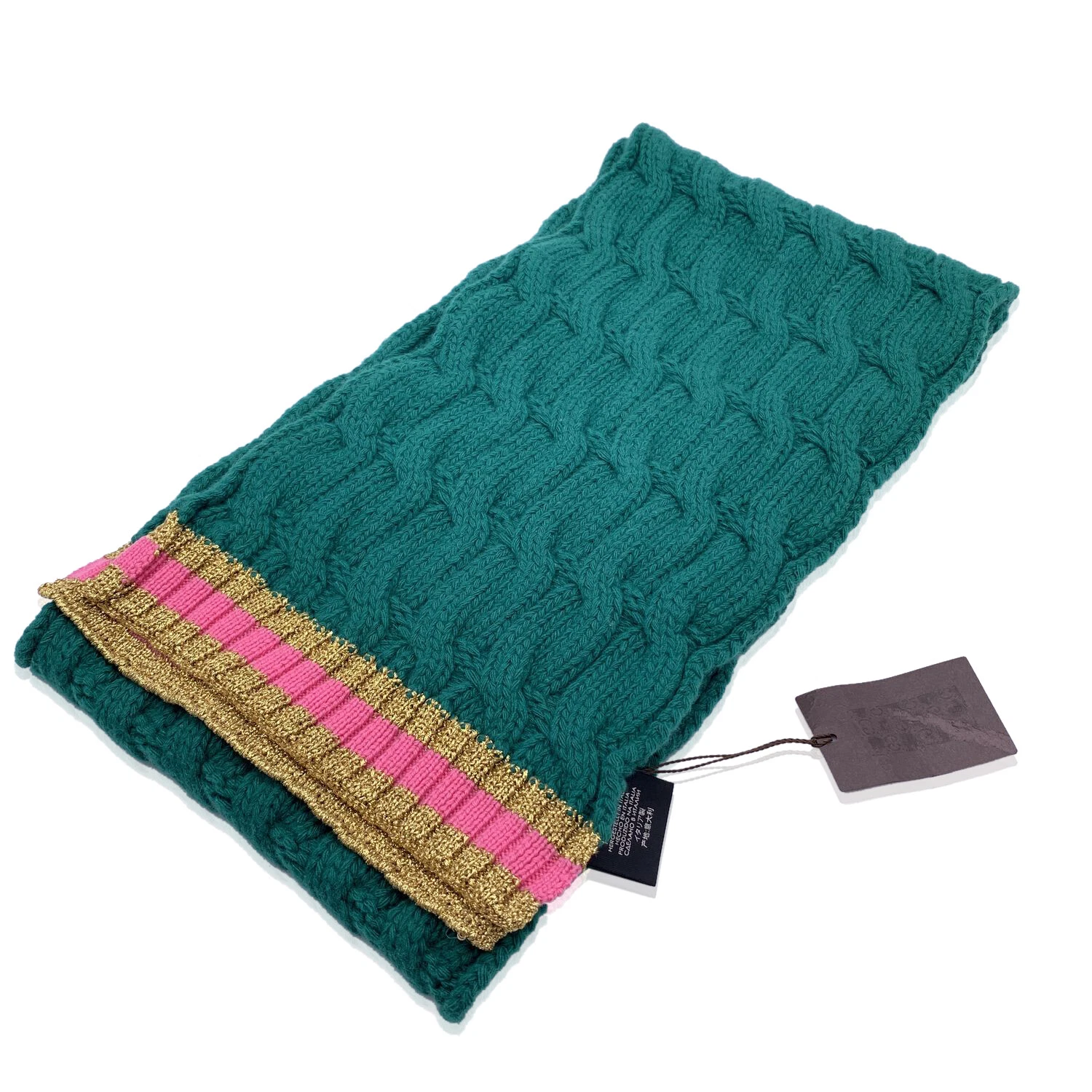 Authentique foulard Gucci vert tricot câble unisexe laine mélangée 25 x 180 cm