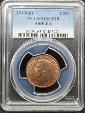 Australia 1943  HALF PENNY  PCGS Graded MS63 RB