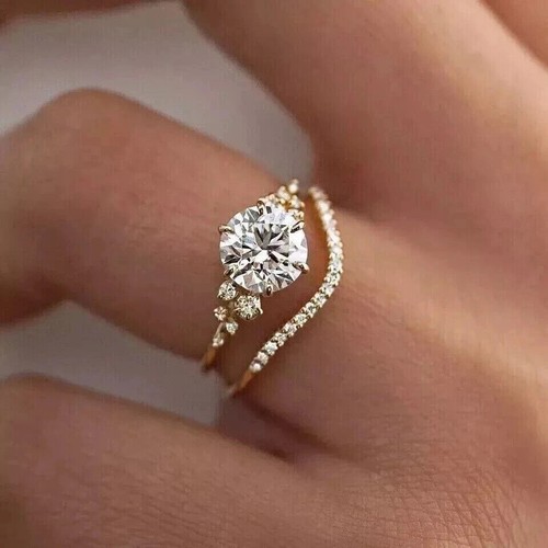 14K White Gold Plated 2.00Ct Round Cut Lab Created Diamond Women Bridal Ring Set - Picture 2 of 5