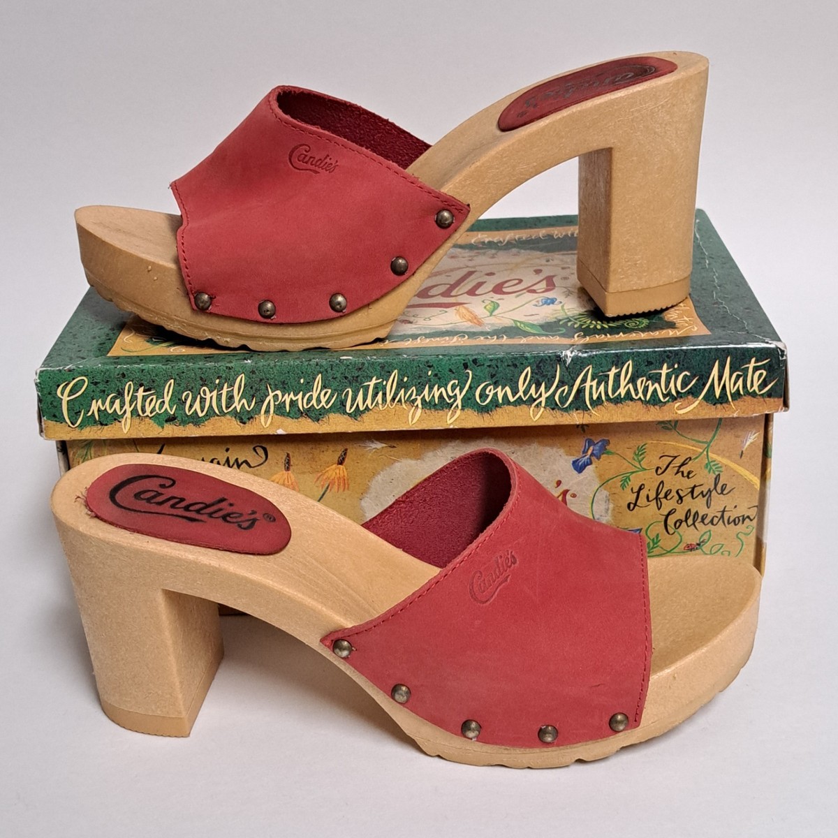 vintage Y2K Candie's sz 9 Faux Wooden Clogs Demi Red Leather 3.5