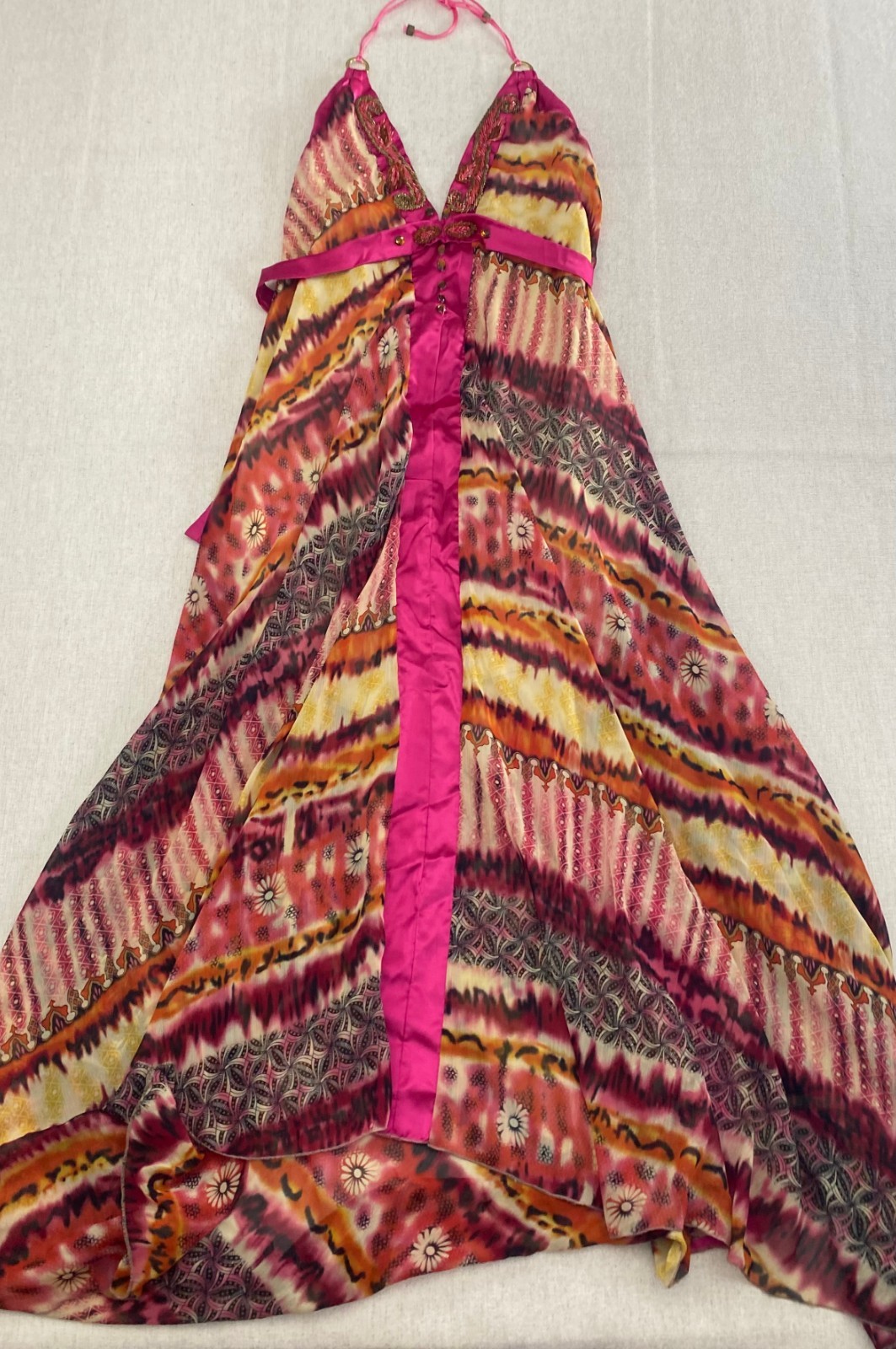 Maxi Dress Womens Large Multicolor Boho Halter Handkerchief Hem Sleeveless-image