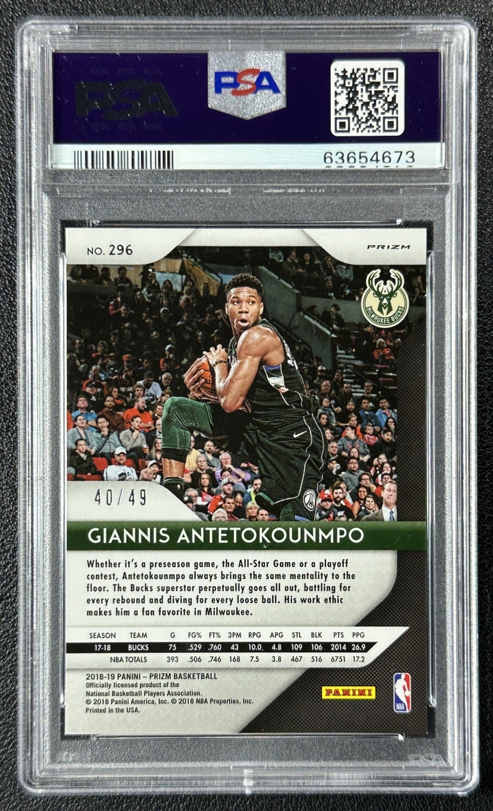 GIANNIS ANTETOKOUNMPO PSA 9 2018-19 PANINI PRIZM #296 ORANGE PRIZM 40/49 BUCKS view 2