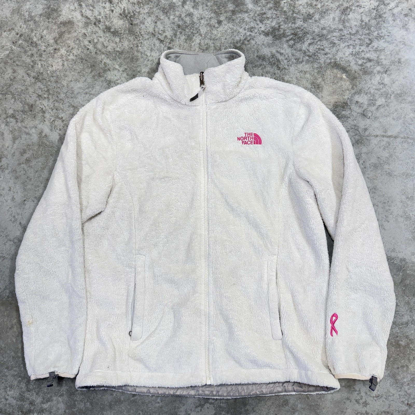 The North Face Jacket Womens Large White Osito Fleece Full Zip Pink Ribbon