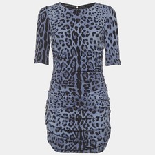 Dolce Gabbana Blue Animal Print Silk Ruched Mini Dress M