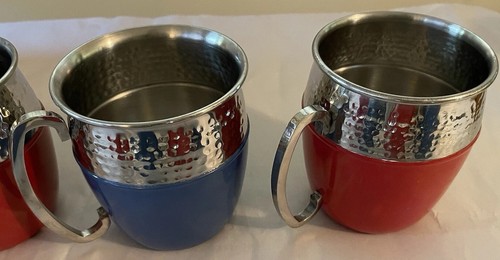 Set of 7 Moscow Mules Mugs Hammered Aluminum Upper Red Blue Accents Holds 20 oz - Picture 8 of 11