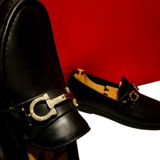 $849.00!! ZAPATOS MOCASINES FERRAGAMO LUXURY HOMBRE CUERO NEGRO PLATA 9.5 D