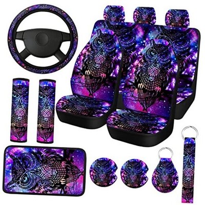 15 Pcs Purple Colorful Car Seat Covers Full Set Space Cats Car Covers for Owl