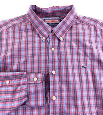 Vineyard Vines Men's Collegiate Shirt 100% Cotton Button Down Blue Pink Check XL