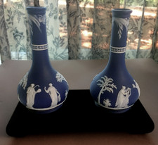 Antique pre-1890s Wedgwood. 2 Cobalt Jasperware Barber's Bottle/Vases