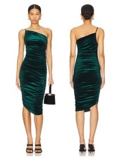 Lovers and Friends Milwood Midi Dress Small Green Velour One Shoulder Ruched