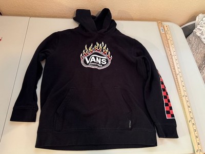 Black Vans Flame Logo Checkerboard Sleeve Hoodie Mens XL Skate Streetwear
