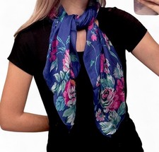 Vintage Floral Scarf Blue Pink Green White 90s 33x34 Flower Pattern Boho Chic