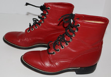 Original JUSTIN Junior Red Leather Lace Up Ankle Boots Womens Size 6 7 VINTAGE