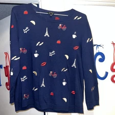 Talbots Blouse Embroidered Paris Motif  Women Lightweight Eiffel Tower sz XL