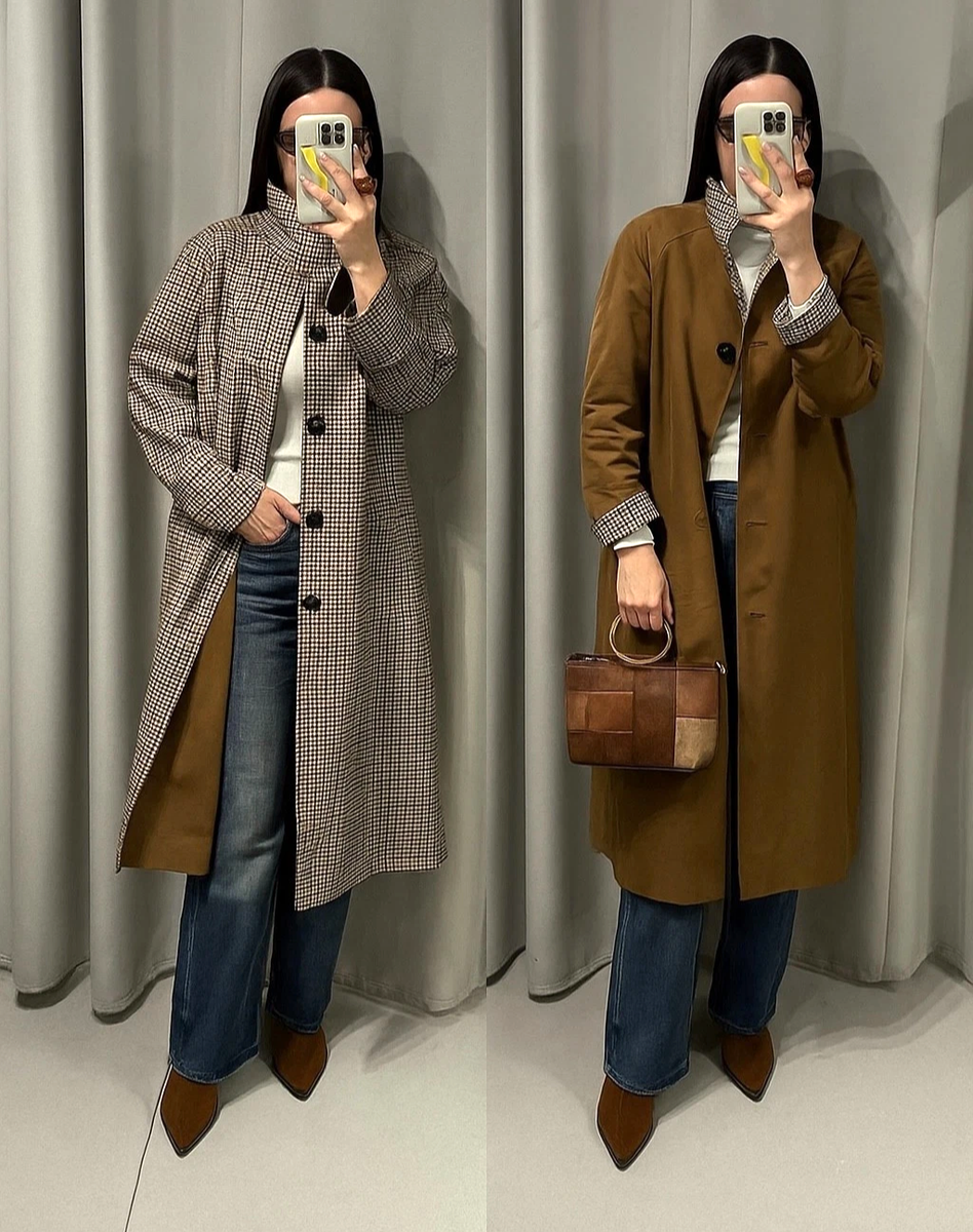 Zara ZW Collection Reversible Trench Coat Checked Dark Camel Size
