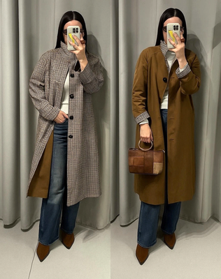 Zara ZW Collection Reversible Trench Coat Checked Dark Camel Size