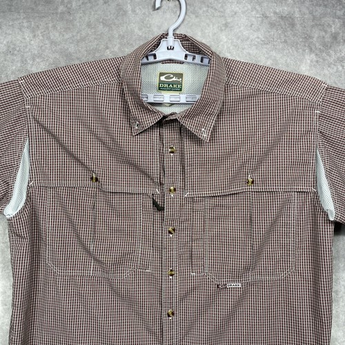Drake Water Fowl Systems Button Shirt Mens Large Maroon Plaid Logo Vented Hunter - Picture 3 of 14