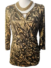 INC International Concepts Womens Wrap Ruched Slinky Gold Print Top Petite L