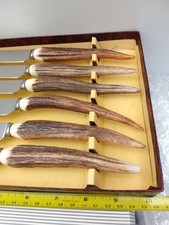 6 Scottish Stag Horn Steak Knives Unused In Original Box Vintage