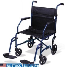 Folding Transport Chair W/ 8 Inch Wheels Lightweight Steel Frame Easy Mobility