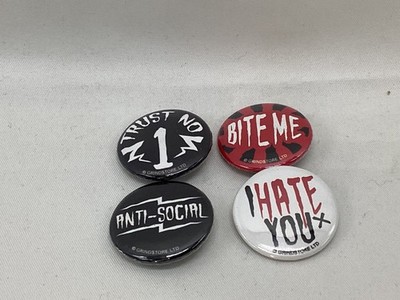 4 Slogan badges Trust No 1. I Hate You. Bite Me. Anti Social. 25mm