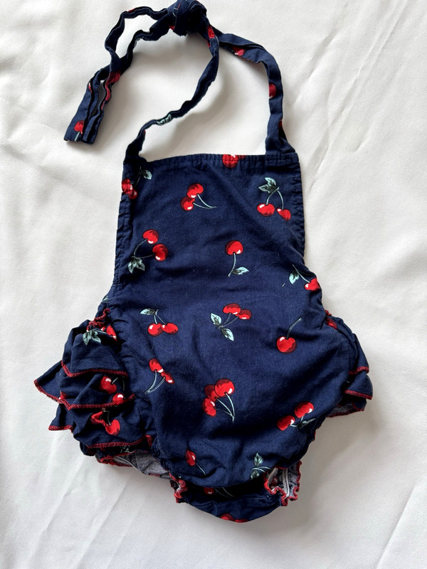 Baby Girl CHERRY  Sunsuit Navy Blue & Red Sun Suit Romper Ruffle Butt 12M