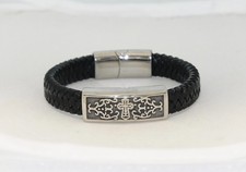 Men's Stainless Steel Cross Bracelet with Adjustable Leather Band - Boho Style