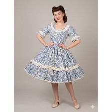 Vintage 1950s Blue White Floral Cotton Novelty Print Dress Tassel Fringe Trim