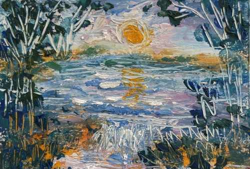 ACEO OOAK   Sunset Trees rushing river Landscape Painting Free Ship oil painting