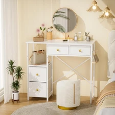 White Vanity Desk Without Mirror, Small Makeup Desk with 4 Fabric Drawers, 33...
