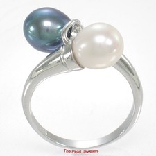 Solid Sterling Silver .925 Twin White  Black-Blue Freshwater Pearl Cocktail