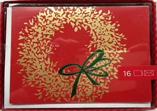 Christmas Boxed Cards WREATH Gold with Green Bow on Red Background 16 pc