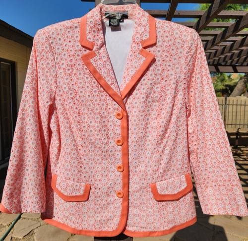 Peck & Peck 100% Cotton Eyelet Lightweight Lined Blazer Jacket Coral & White 14 - Picture 1 of 5