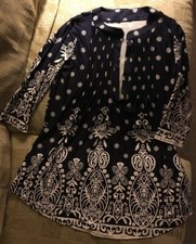 Women's 3/4 Sleeve Dark Blue White Print Boho T Shirt Casual Tops Blouse XLLMS