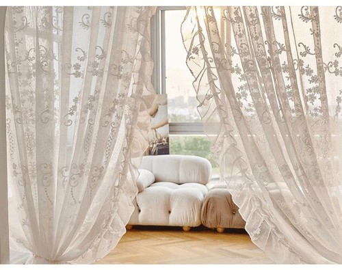 Linen Sheer Embroidered Tulle Curtain Girl Princess Ruffled Lace Voile Window - Picture 16 of 19