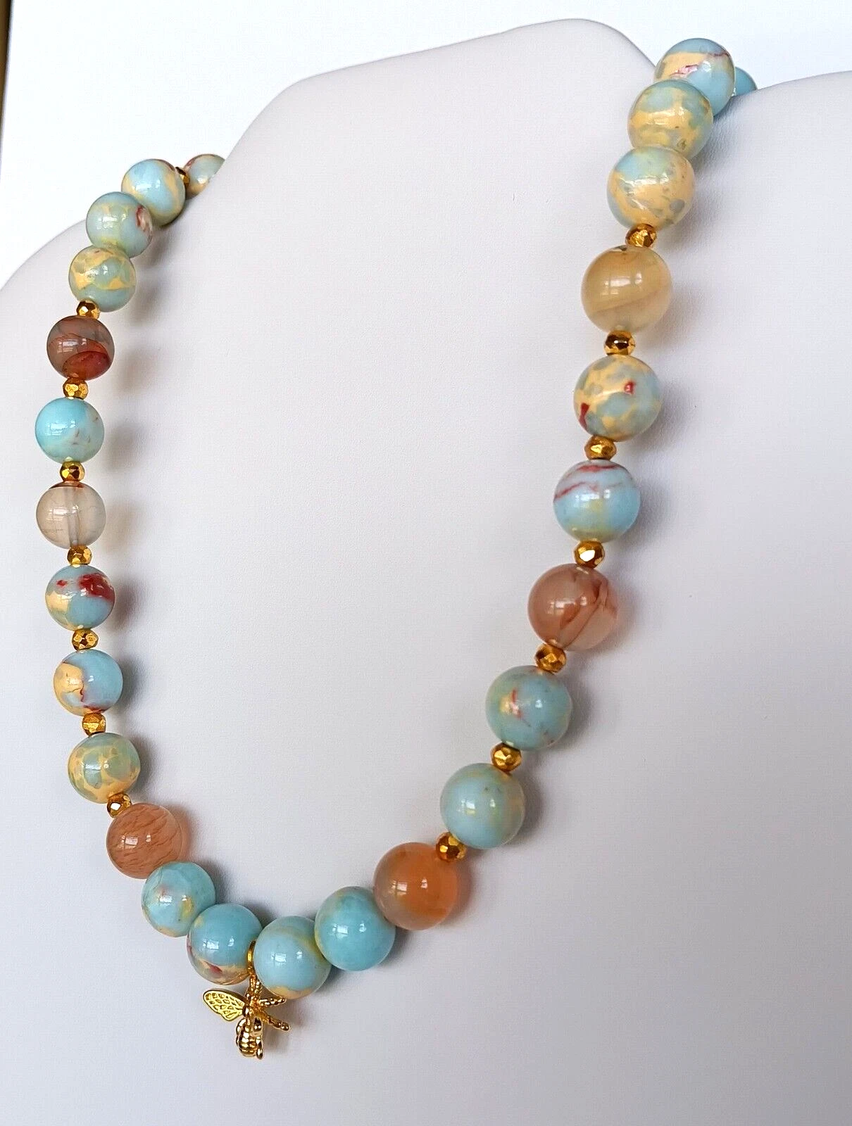 NUOVA COLLANA BLU ACQUA TERRA DIASPRO e pirite oro con ape cristiana DIOR