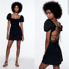 ZARA Puff Sleeve Black Mini Dress Open Back Lace Up Crossback Straps Small NEW